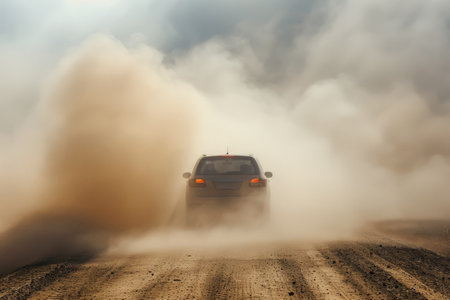Car is driving down dusty dirt road surrounded by towering mountains. Vehicle kicks up clouds of dust as it navigates the rugged terrainの素材
