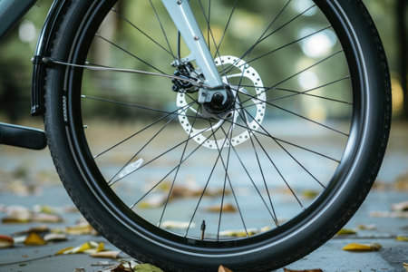 Part of the bicycle's braking system. Grey metal brake disc and brake pads on road bike, close up.の素材