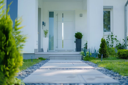 Main entry in family house. Modern exterior of house with door and plants in front yard. Front view of doorway in residential buildingの素材