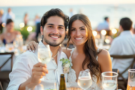Smiling couple raises glasses in toast during beach event at sunset in celebratory atmosphereの素材