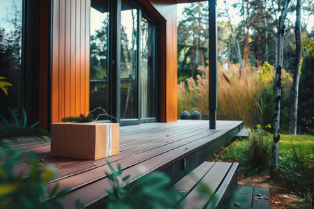 Home Delivery concept. Package sits on doorstep, ready for pickup. Parcel waiting on house porchの素材