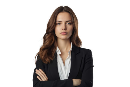 Portrait of beautiful confident woman with crossed arms looking at camera. Female entrepreneur posing on white backgroundの素材