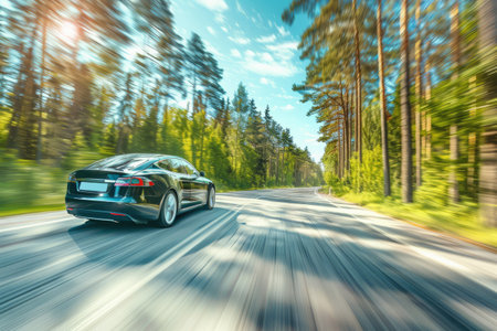 Modern electric sedan speeds down a tranquil country road, surrounded by lush greenery and bathed in the warm glow of the afternoon sun. Car is driving in natural landscape with motion blur effectの素材