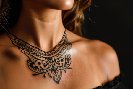 Woman reveals her artistically designed chest tattoo, featuring detailed patterns reminiscent of mandala and laceworkの素材