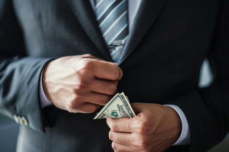 Man in dark suit clutching bundle of US dollar bills. Businessman holding wad of cash. The concept of corruption and briberyの素材