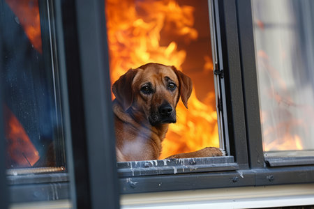 Pet is locked in burning apartment. Distressed dog peers out from a fiery apartment, awaiting rescue as flames engulf the room behind itの素材