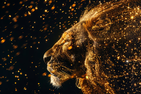 Lion made of golden sparks on dark background. Illuminated lion glowing the darknessの素材