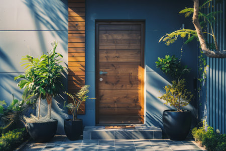 Main entry in family house. Modern exterior of house with door and plants in front yard. Front view of doorway in residential buildingの素材