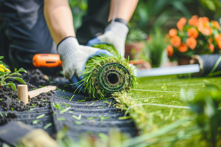 Person is installing artificial grass in their backyard, rolling out section of the synthetic lawn over prepared groundの素材