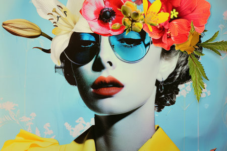 Retro pop art collage showcasing woman in sunglasses surrounded by colorful array of spring blooms. Creative female portrait with spring flowersの素材