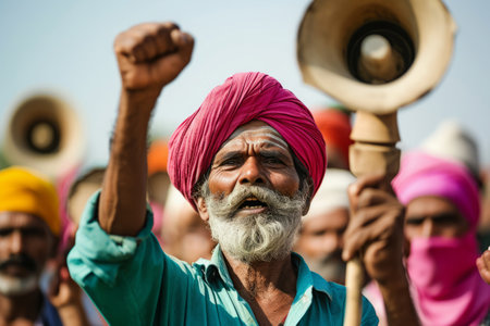 Elderly farmer with bright pink turban and raised fist stands resolute at protest rally, voicing demands through hand-held megaphone.の素材