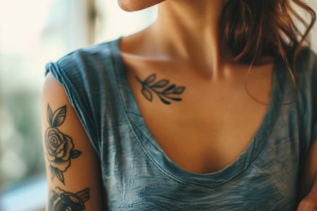 Woman with visible shoulder tattoo. Tattooed female. Self expression conceptの素材