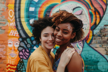 Pair of friends are hugging each other with wide smiles, surrounded by vivid urban graffiti, celebrating their close bondの素材