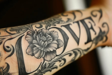 Detailed tattoo showcasing the word LOVE surrounded by ornate roses is displayed on woman armの素材