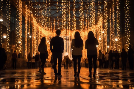 Diverse group of individuals standing together in front of illuminated wall of lights, creating a vibrant and energetic atmosphere. People silhouettes at night party with garland lightsの素材