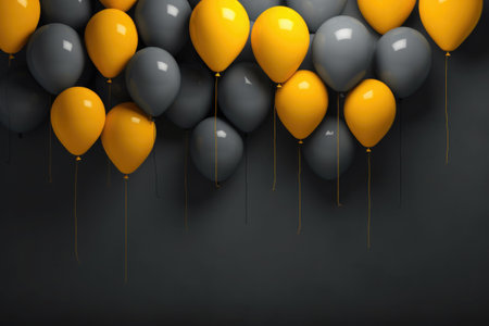 Yellow balloons floating against black wall, creating a festive atmosphereの素材