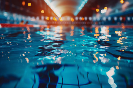 Empty competition swimming pool with marked lanes and starting platforms awaiting swimmersの素材