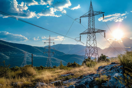 High voltage power lines stretch across a scenic mountain landscape. Electric transmission towers. Infrastructure for electricity supply to consumersの素材