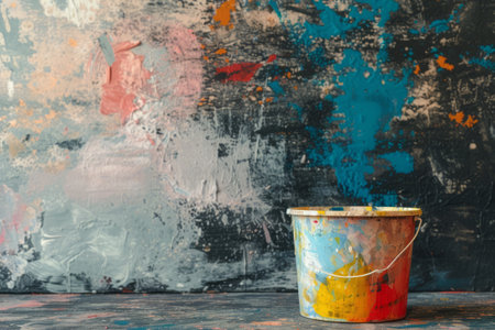 Bucket covered in splatters of colorful paint before vividly painted wall. Creative renovation conceptの素材