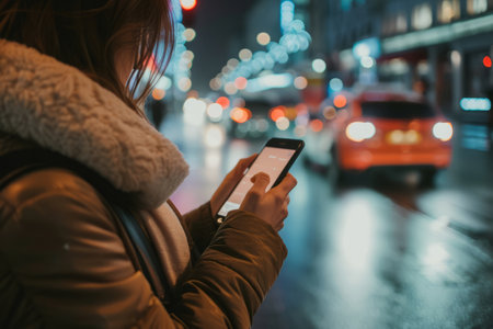 Close up shot of woman using smartphone on city street with bokeh lights at night. Mobile phone in female hands outdoorsの素材