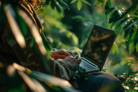 Person working remotely on laptop against serene backdrop of dense forest with sunlight beams through the foliageの素材