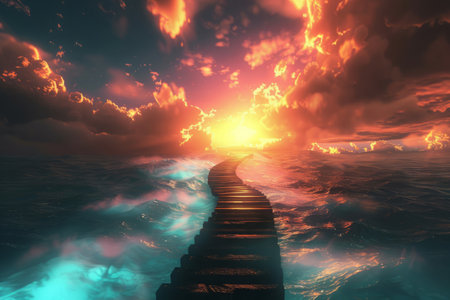 Glowing path leading to heaven. Mystical stairway ascends through clouds, illuminated by dazzling light, evoking a sense of journey to celestial domainの素材
