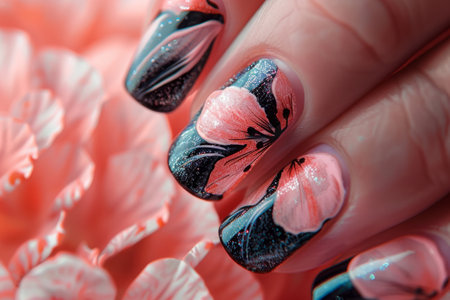 Close-up of hand with nail manicure featuring delicate pink and black flowersの素材
