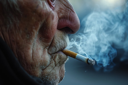 Close up old man smoking cigarette, Senior male smoker exhales cigarette smoke, Nicotine addictionの素材