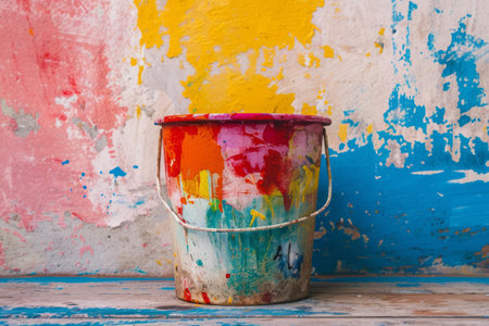 Bucket covered in splatters of colorful paint before vividly painted wall. Creative renovation conceptの素材