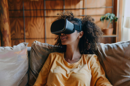 Woman sitting on couch in living room is engaged in augmented virtual reality glassesの素材