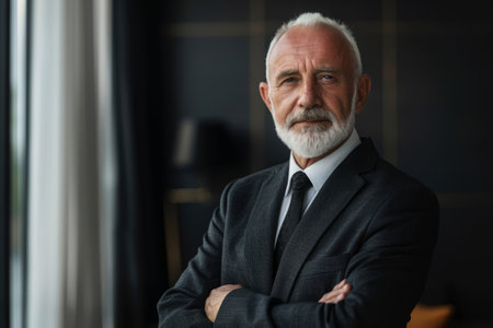 Portrait of successful senior businessman wearing business suit looking at camera in office workspaceの素材