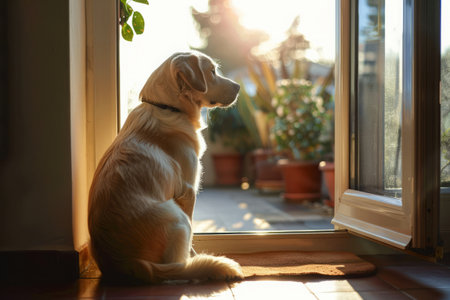 Dog sits on a floor by the window and waiting owners return in a contemporary living space.の素材