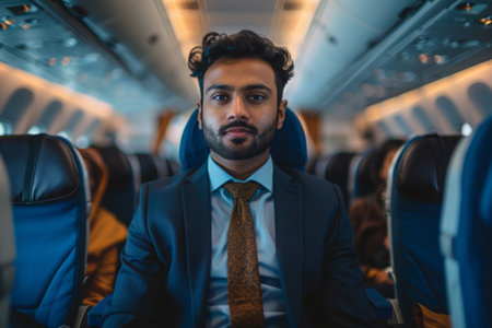 Portrait of confident Indian man in formal suit during business trip. Male passenger in airplane cabinの素材
