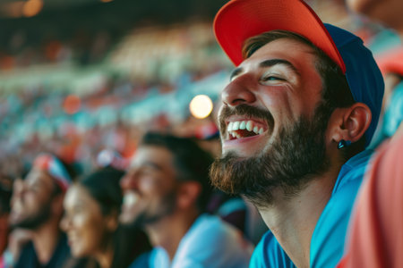 Close-up of sports fan with expressive emotions having fun at stadium event. Live spectators of football match are having fun on tribuneの素材