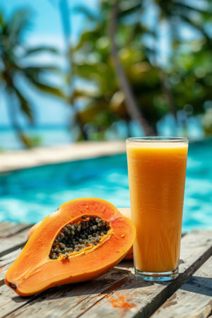 Fresh summer drink on wooden table near poolside. Tropical Papaya lassi and fresh papaya fruit in tropical resortの素材