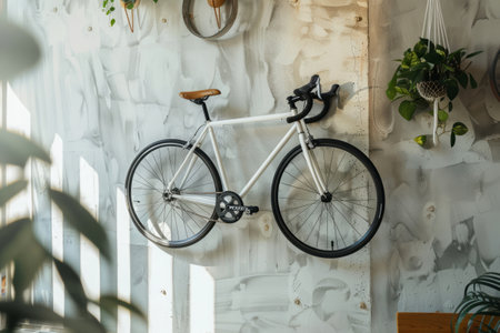 Sport bike hanging on wall in apartment. Functional living space. Stylish room interiorの素材