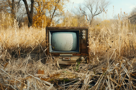 Retro Tv set in the field. Concept of propaganda and fake news in mass mediaの素材