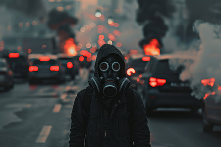 Man in gas mask walks along smoky street with many cars. Living in city with polluted air. Problem of environmental pollutionの素材