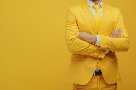 Cropped shot of man in yellow business suit against yellow backdrop, banner with copy space. Stylish businessman posing against bright wallの素材