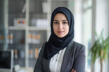 Confident Arab businesswoman wearing business suit in office workspace. Successful female business person portraitの素材