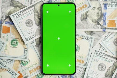Smartphone with green screen on pile of dollar banknotes, top view. Concept of online earnings