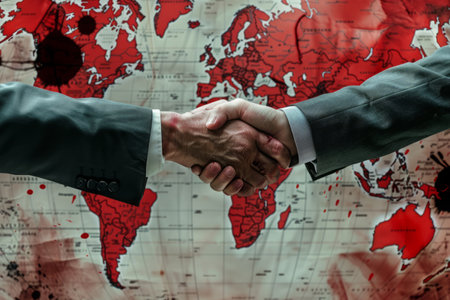 Bloody deal in global politics. Handshake of two men in business suits with red blood on hands against world map. Weapon trading agreements in businessの素材