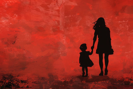 Silhouette of mother and daughter walking together, Woman holds girl's hand. Tender moment of maternal loveの素材