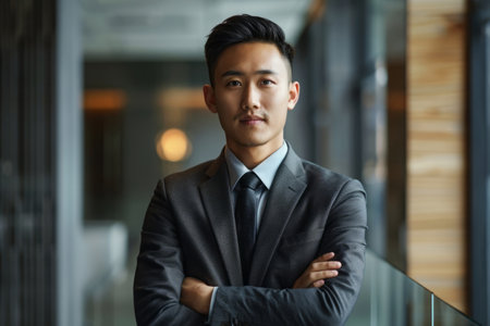 Confident Asian businessman wearing business suit in office workspace. Successful male business person portraitの素材