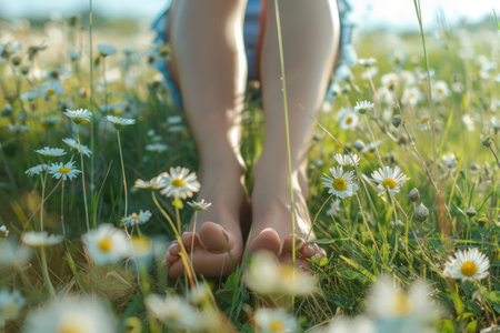 Female legs among flowers and green grass. Woman relaxing in blooming meadow in summer dayの素材