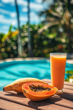 Fresh summer drink on wooden table near poolside. Tropical Papaya lassi and fresh papaya fruit in tropical resortの素材