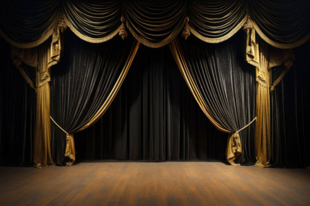 Empty theatre stage with yellow curtain. Stage background with copy spaceの素材