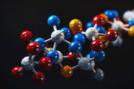Molecular bonding model with chemical compounds on dark background. Model of organic chemical formula. Science conceptの素材