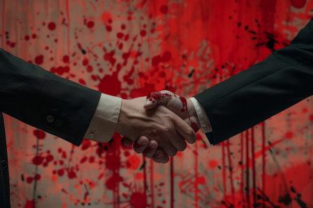 Bloody deal in global politics. Two men in business suits shake hands with red blood on hands. Weapon trading agreements in businessの素材