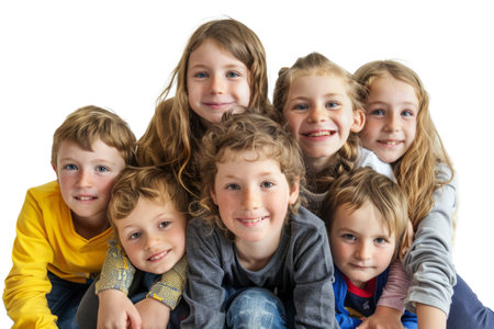 Group of happy children on white background. Kids posing side by side with happy expressionsの素材